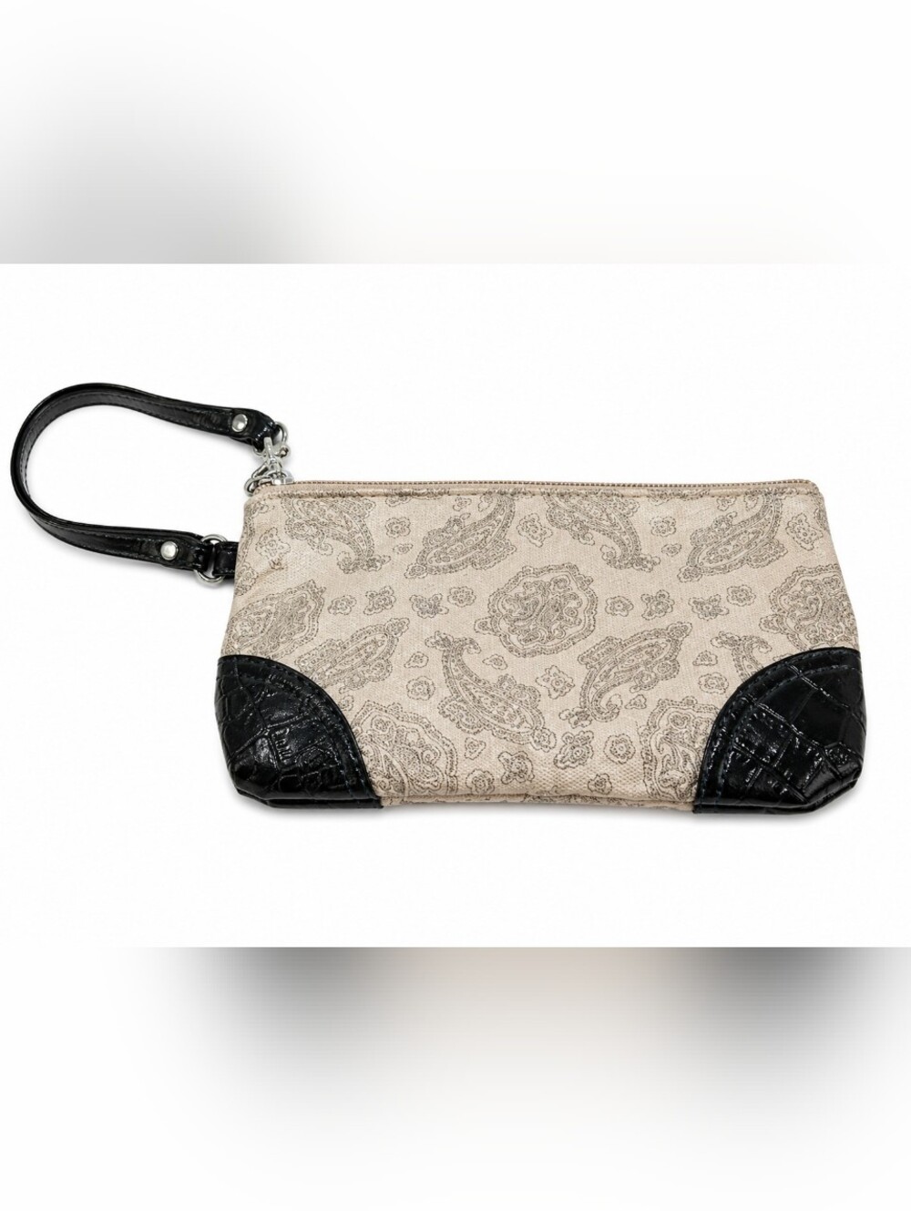 Bugatti Paisley Print Zip Wristlet Clutch Wallet Beige Black Small Pouch Handbag